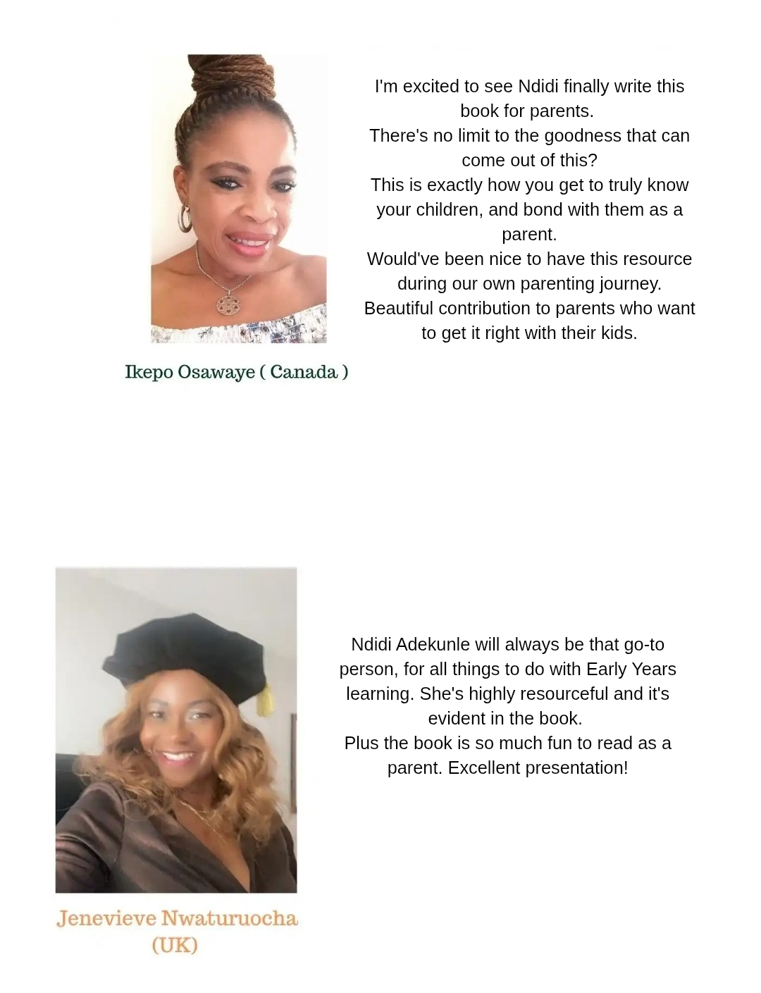 Reader testimonials from Ikepo Osawaye and Jenevieve Nwaturuocha